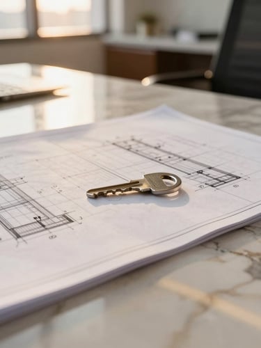Close-up detail of architectural blueprint documents and a sleek metal key resting on a polished marble desk inside a modern corporate office, soft daylight.