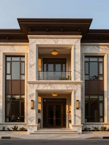 Symmetrical modern architectural facade of a luxury mansion in DHA Phase 8, warm evening light, sharp focus on premium marble finishes