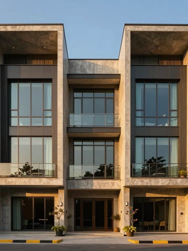 Symmetrical wide-angle architectural photograph of a modern luxury villa facade in DHA Phase 8 Karachi, golden-hour sunlight reflecting off clean concrete and glass.