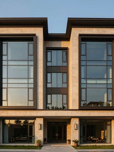 Symmetrical wide-angle architectural photograph of a modern luxury villa facade in DHA Phase 8, golden-hour sunlight reflecting off clean glass and concrete, rich tones.