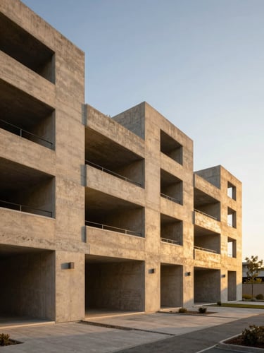 Wide-angle architectural view of modern concrete residential infrastructure under warm golden hour sunlight, clean lines, professional real estate photography