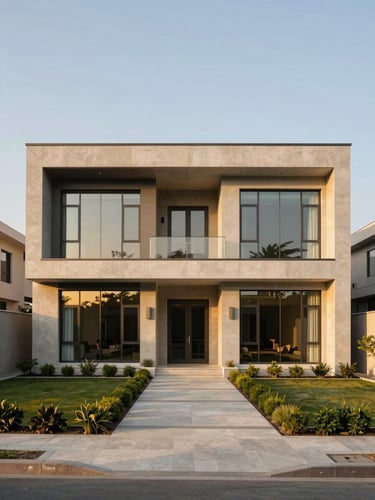 Symmetrical architectural shot of a modern luxury villa in DHA Phase 8, clean concrete lines, warm golden-hour sunlight reflecting off expansive glass windows, manicured minimalist landscaping, sharp focus