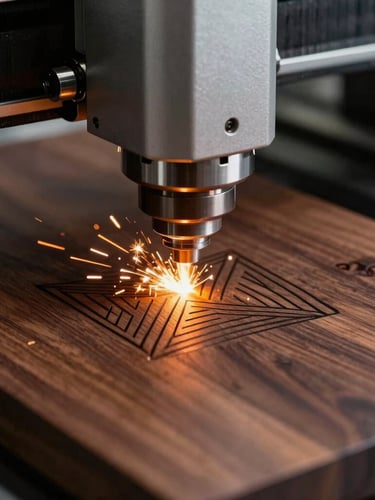 Macro close-up of a high-precision laser cutter head etching clean geometric lines into a dark walnut substrate, bright orange spark, sharp focus, industrial gallery style.