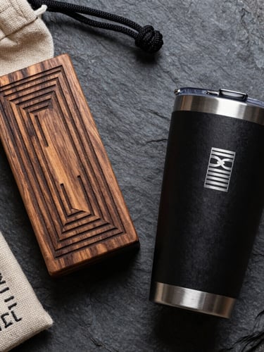 Macro overhead flat-lay of custom fabricated goods on textured slate: a laser-etched walnut block with precise geometric lines, a heavy-weight canvas pouch with dense embroidery, and a matte black tumbler showing clean steel engraving.