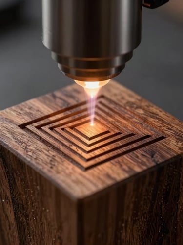 Macro close-up of a high-power laser head etching clean geometric lines into a dark, raw walnut block. Directional side-lighting highlights the deep wood grain and sharp, crisp edges of the engraving.