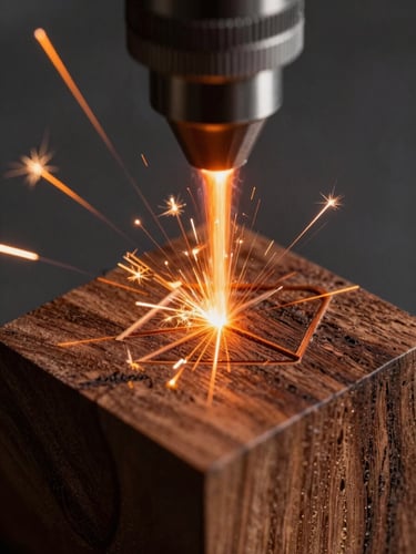 Extreme macro close-up of a high-power laser beam etching clean geometric lines into a dark walnut block, glowing orange sparks, visible wood grain