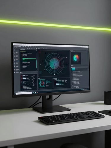 A modern workspace with a clean desk setup, a single monitor displaying technical diagrams, low-key ambient lighting with a sharp electric lime accent line, minimalist aesthetic.