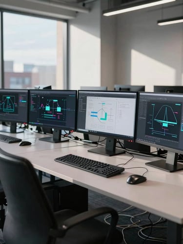 Wide environmental shot of a modern software engineering workspace in Nashua, complex multi-monitor setups displaying systems architecture diagrams, cool daylight, sharp architectural shadows.
