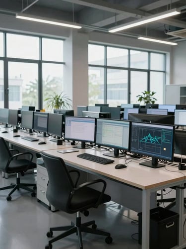 Wide environmental shot of a clean, daylight-filled engineering workspace with complex multi-monitor setups and architectural lines, cool natural light.