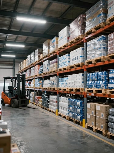 Panoramic warehouse interior, organized pallet rows of industrial supplies under cool fluorescent lighting, a forklift in motion at far left, high ceilings with steel beams visible, no people in foreground