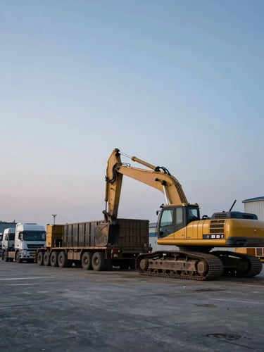 Wide industrial yard at dawn, a heavy-duty excavator and loaded flatbed trucks staged in formation on concrete, cool blue-grey ambient light, no people visible, operational scale evident in the frame