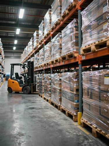 Wide shot inside a large warehouse under cool fluorescent light, rows of industrial supply pallets stacked systematically on metal shelving, forklift visible in the left aisle mid-operation, concrete floor, no people in foreground, operational documentation aesthetic