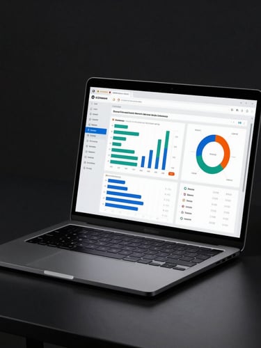 Close-up of an analytics dashboard on a laptop screen showing SEO metrics and traffic graphs, right-of-frame on a dark work surface, soft daylight from left, browser tab bar visible at top