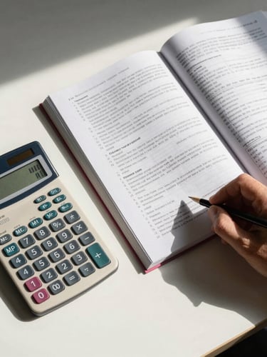 A clean top-down desk study with natural morning light, featuring a scientific calculator, a hand-annotated actuarial textbook, and a neat notebook showing active recall templates.