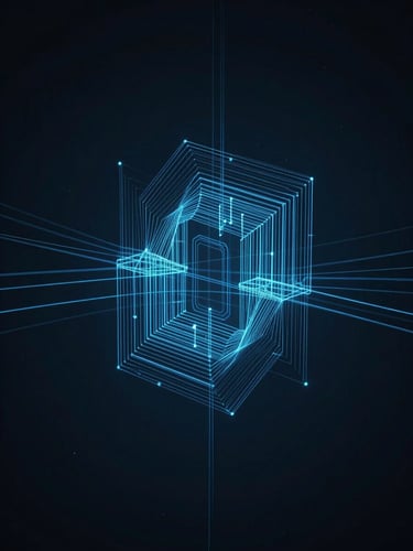 Abstract architectural structure representing complex data flow, glowing cyber blue lines tracing geometric paths, moody low-key studio lighting.