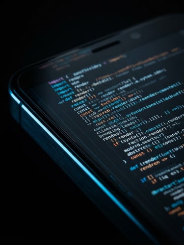 Macro close-up of a high-end dark slate smartphone showing clean code lines reflecting off a polished glass screen, low-key cyber blue edge highlights