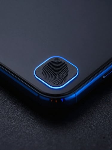 Macro close-up of a premium smartphone fingerprint sensor, moody blue edge highlights, dark slate background, high-contrast tech photography