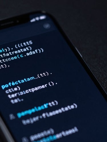 Macro close-up of a premium smartphone displaying a clean code interface, moody studio lighting, deep slate background with sharp cyber-blue highlights