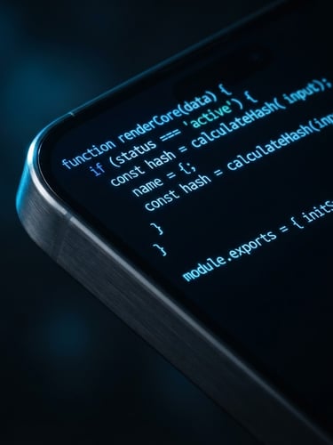 Macro close-up of a premium sleek smartphone displaying high-contrast cyber blue code on a dark screen, moody low-key studio lighting with sharp metallic edge highlights, ultra-sharp focus