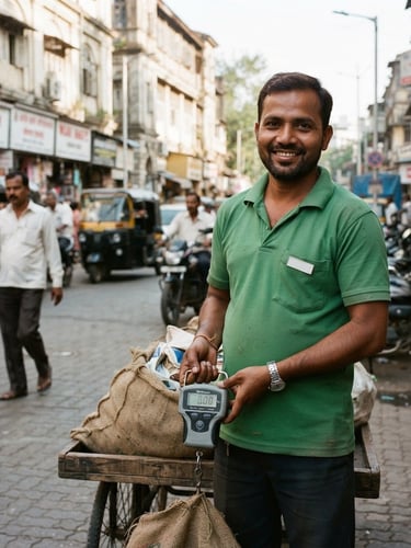 A friendly, uniformed collector in a clean green polo shirt holding a digital weighing scale in bright, natural outdoor daylight, Mumbai street background, sharp focus, 35mm lens.