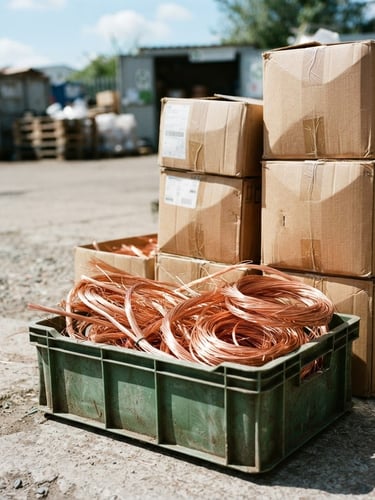 A close-up shot of clean, sorted copper wire and stacked cardboard boxes in a bright, sunlit outdoor courtyard, sharp focus, documentary style, 35mm lens.