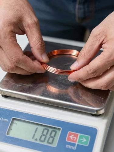 Close-up of hands placing sorted copper wire onto a clean digital scale readout showing precise kilograms, bright daylight, sharp focus, documentary style.