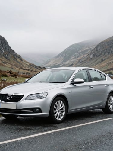 A clean silver executive saloon parked on a quiet Welsh valley road during bright overcast daylight, sharp focus, 35mm