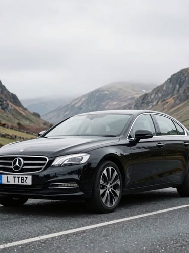 A clean black executive saloon car parked on a scenic Welsh valley road under bright overcast daylight, sharp focus, 35mm