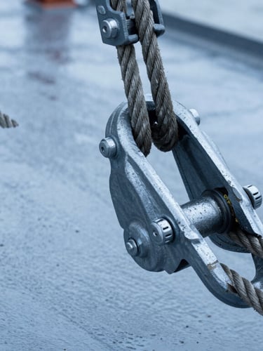 Close-up of heavy steel rigging equipment, thick braided wire ropes and industrial shackles on a wet metal deck, cool steel-blue tones, overcast daylight