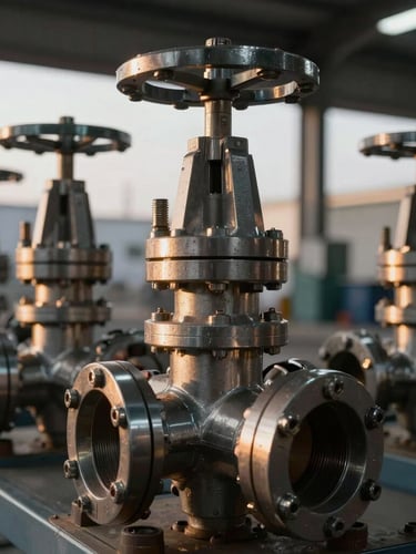 Close-up macro shot of high-spec steel valves and industrial rigging equipment in a warehouse, dramatic industrial indoor lighting with warm golden-hour highlights on metal surfaces.