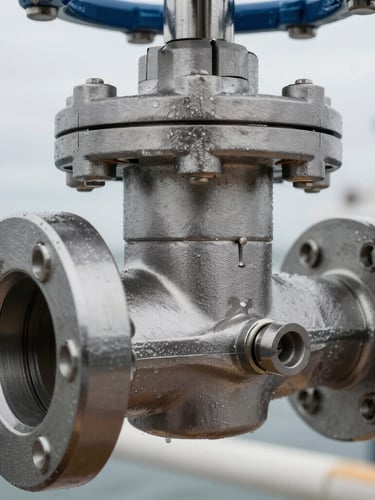 Close-up macro shot of high-spec stainless steel industrial valves and heavy-duty flange connections, overcast daylight, cool steel tones with high-contrast details