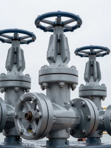 Sharp close-up of heavy industrial steel valves and rigging cables on a vessel deck, cool steel tones, overcast daylight, high-contrast crisp details