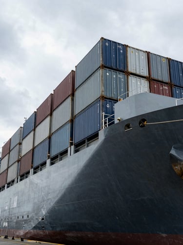 Low-angle powerful perspective of a container ship docked at a modern industrial port, cool steel tones, overcast daylight, high-contrast crisp details, 35mm architectural lens.