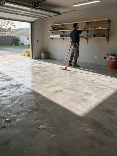 Full-width environmental shot of a garage mid-job — one crew member applying floor coating with a roller while another organizes wall shelving in the background, natural daylight from the open bay door casting long shadows across the concrete, shot from a low wide angle to show scale