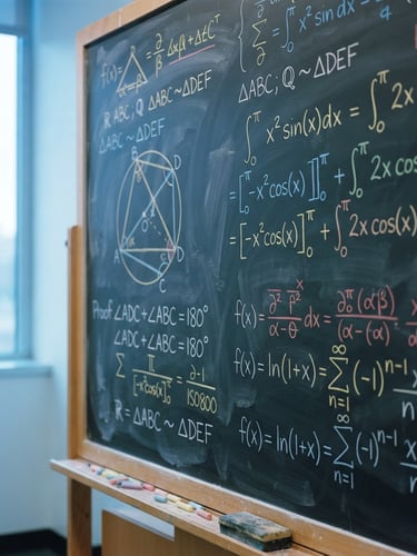 A close-up of handwritten geometric proofs and elegant calculus equations on a clean physical blackboard, bright natural classroom light, cool blue undertones, sharp focus, 35mm