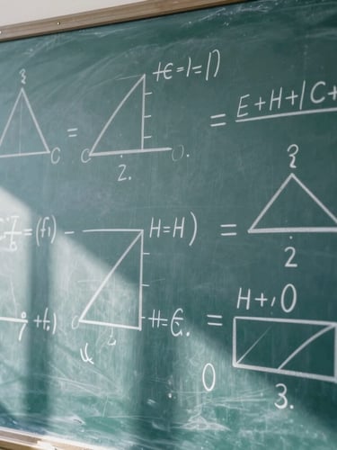 A close-up shot of a physical blackboard covered in complex geometric proofs and hand-written algebraic equations, soft natural classroom light casting clean shadows, 35mm editorial style.