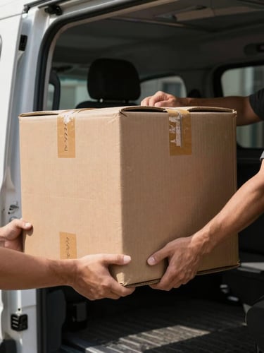 Close-up of a secure package being loaded into a clean white delivery van, hands securing cargo, high contrast urban tones, bright daylight