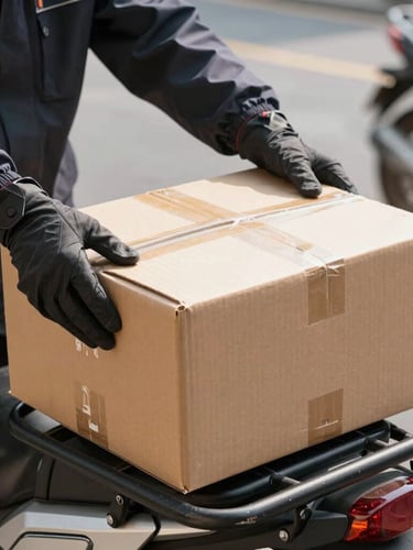 Close-up of hands in protective gear securing a clean cardboard package on a motorcycle cargo rack, bright daylight, high contrast, 35mm lens