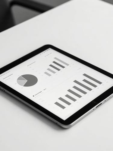 minimalist black and white photography, sharp studio lighting, high contrast, close-up of a modern tablet displaying clean data analytics graphs on a white desk, professional editorial style, 35mm lens