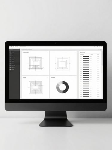 minimalist black and white photography, high contrast, a professional designer workspace with a clean monitor showing vector wireframes and analytics dashboards, sharp studio lighting, 35mm