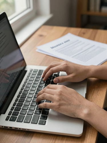 Close-up of two focused hands typing on a laptop keyboard in a tidy home office, insurance policy documents visible on the desk surface to the right, natural daylight from a window to the left, calm and methodical atmosphere