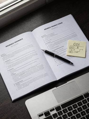 Close overhead flat-lay of an organized desk: an open insurance policy folder, a pen resting on a COI form, a small sticky-note workflow diagram, and a laptop keyboard visible at the lower edge, lit by diffused natural window light from the upper left, calm and methodical atmosphere