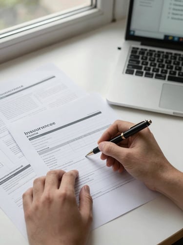 Close overhead view of a desk under natural window light — hands with a pen annotating a printed insurance workflow diagram, policy forms and a laptop with a CRM screen visible at the edge of the frame, organized and deliberate