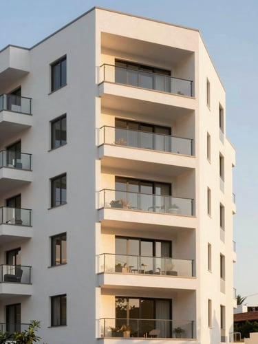 Bright modern Monterrey residential apartment building facade, clean architectural lines, warm natural golden hour light, 35mm lens
