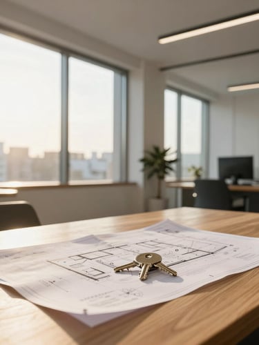 Bright and clean modern office interior, natural sunlight streaming through large windows, a wooden table with architectural blueprints and keys, professional atmosphere, sharp focus
