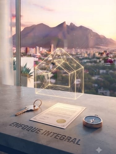 Icono de casa digital sobre un escritorio con documentos inmobiliarios, con vista a un paisaje