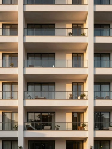 Bright modern architectural facade of a luxury residential building in Monterrey, sharp focus, natural golden hour sunlight, 35mm lens