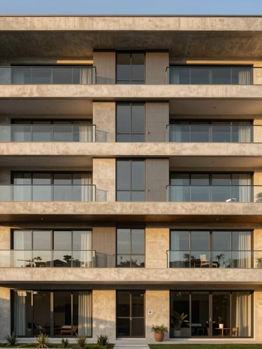 Wide shot of a modern architectural residential facade in Monterrey, clean concrete and glass lines, warm golden hour daylight reflecting on windows, sharp focus, 35mm lens