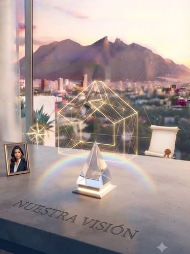 Plano digital de una casa brillando sobre el horizonte de la ciudad al atardecer con la marca de vis