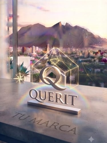 Logo de marca inmobiliaria Querit en un balcón con vista al horizonte de la ciudad al atardecer